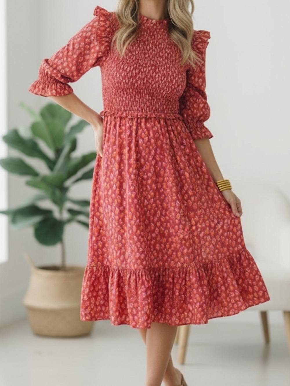 Karlie Brand New Red animal print Smocked Midi Dress